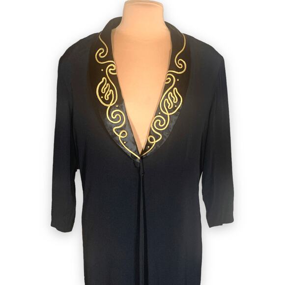 Vintage 90s Cache Black Duster Coat Gold Embroidered Satin Collar Size Medium - Picture 5 of 12